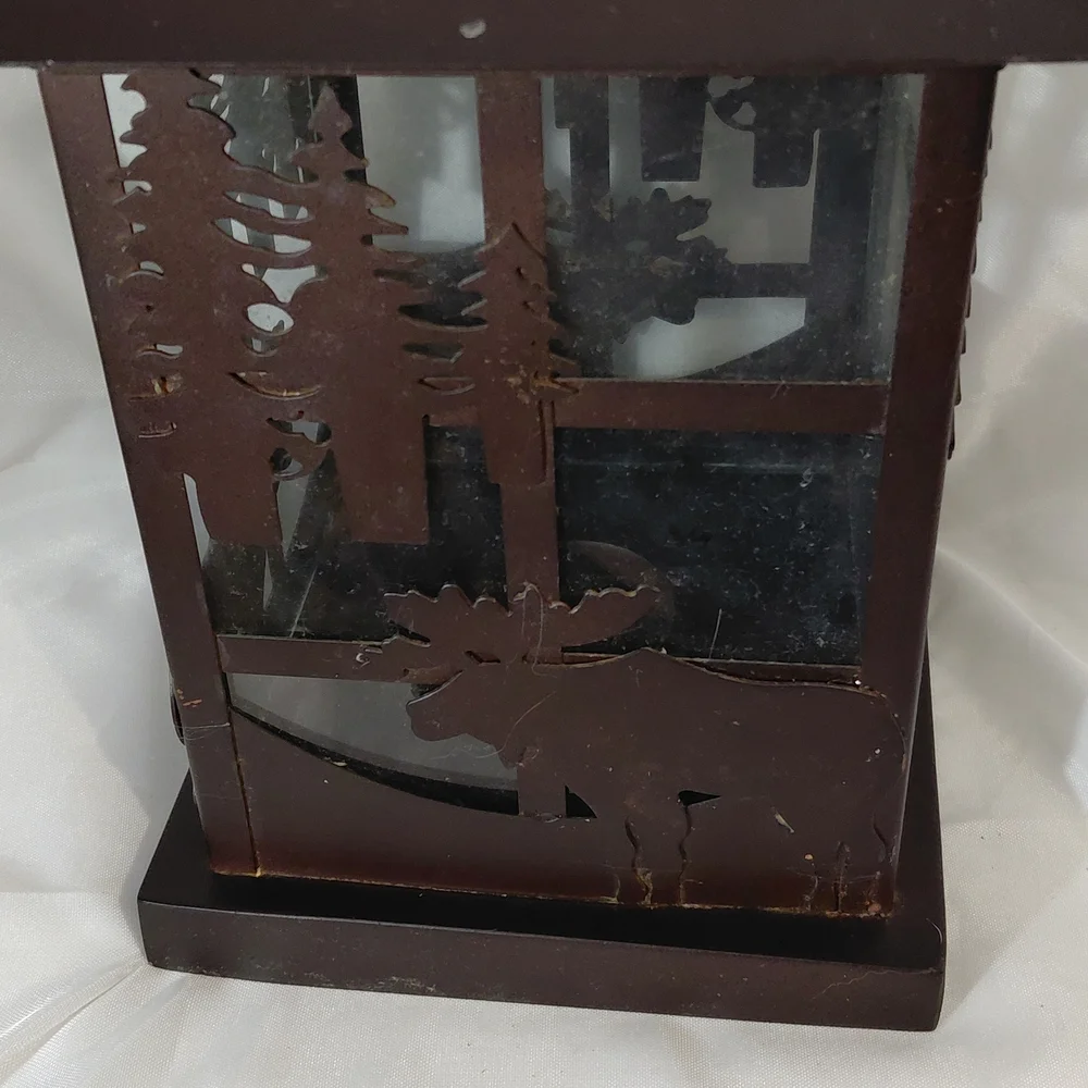 Dark Brown Metal Lantern with Moose Silhouette - Decorative Accent